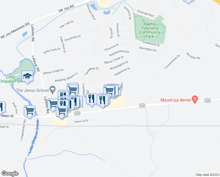 map of restaurants, bars, coffee shops, grocery stores, and more near 83 Lancaster Estates in Mount Joy