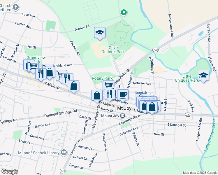 map of restaurants, bars, coffee shops, grocery stores, and more near 130 Manheim Street in Mount Joy