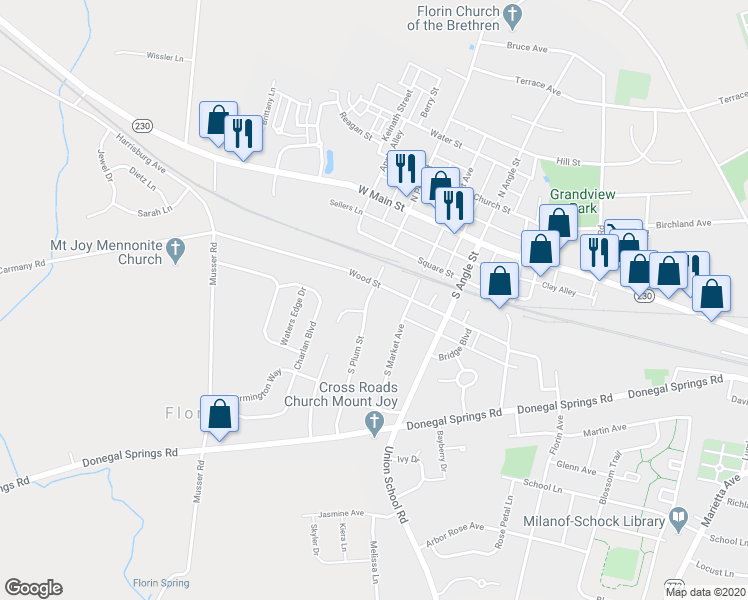 map of restaurants, bars, coffee shops, grocery stores, and more near 400 South Plum Street in Mount Joy