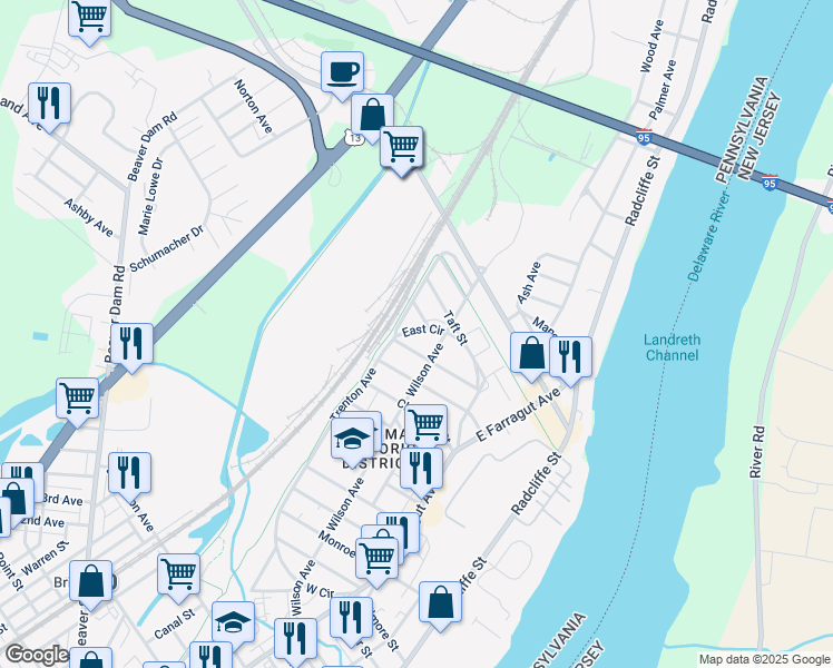 map of restaurants, bars, coffee shops, grocery stores, and more near 340 East Circle in Bristol