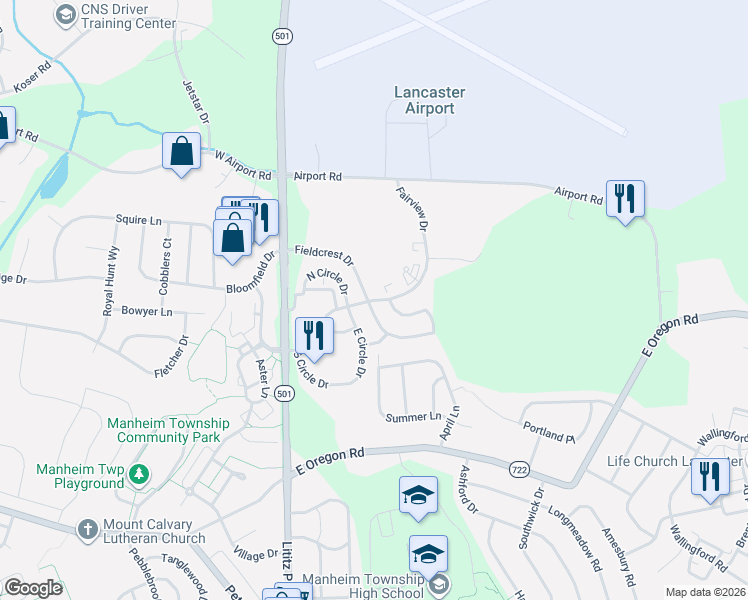 map of restaurants, bars, coffee shops, grocery stores, and more near 188 Fieldcrest Drive in Lititz