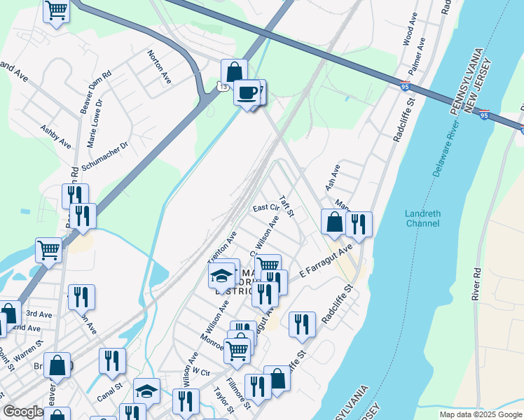 map of restaurants, bars, coffee shops, grocery stores, and more near 340 East Circle in Bristol