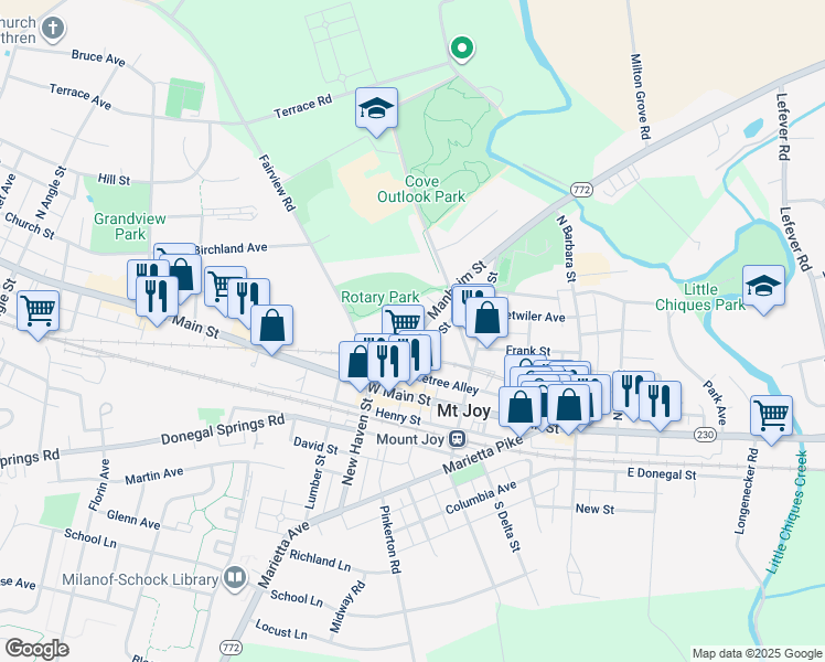 map of restaurants, bars, coffee shops, grocery stores, and more near 138 Manheim Street in Mount Joy