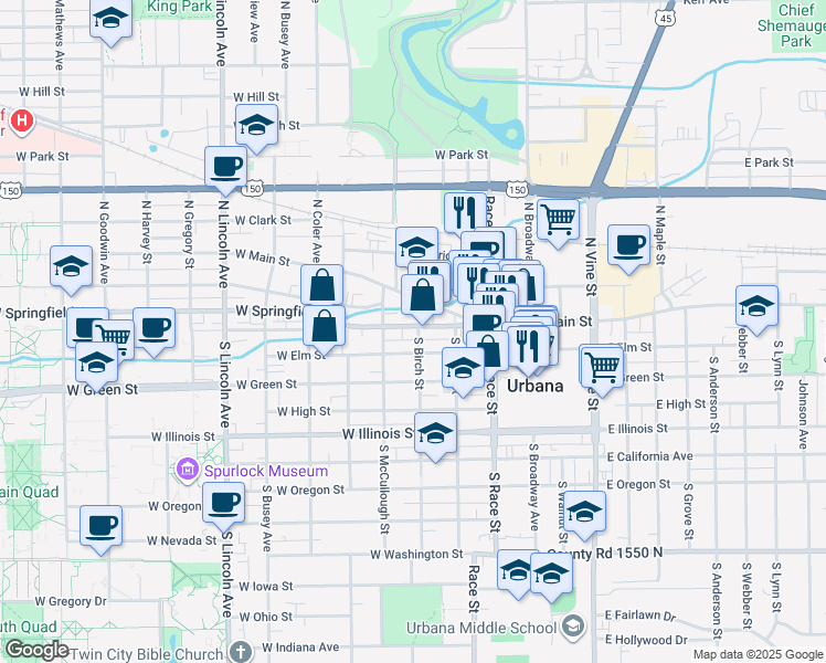 map of restaurants, bars, coffee shops, grocery stores, and more near 401 West Springfield Avenue in Urbana