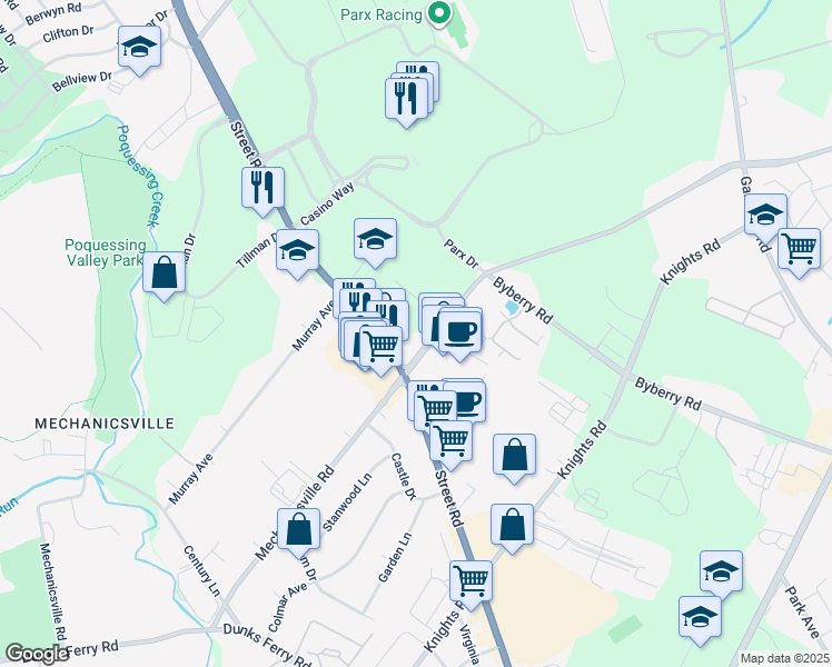 map of restaurants, bars, coffee shops, grocery stores, and more near 3056 Mechanicsville Road in Bensalem