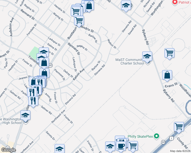 map of restaurants, bars, coffee shops, grocery stores, and more near 1024 Larkspur Street in Philadelphia