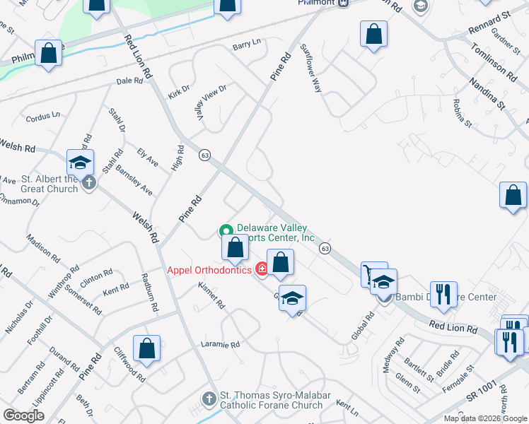 map of restaurants, bars, coffee shops, grocery stores, and more near 9999 Gantry Rd in Philadelphia
