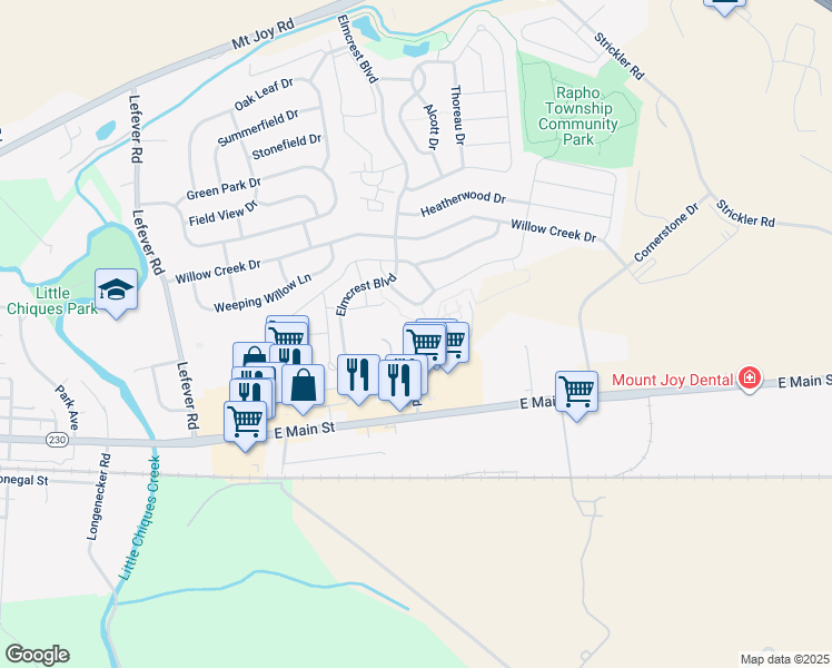 map of restaurants, bars, coffee shops, grocery stores, and more near 17 Lancaster Estates in Mount Joy
