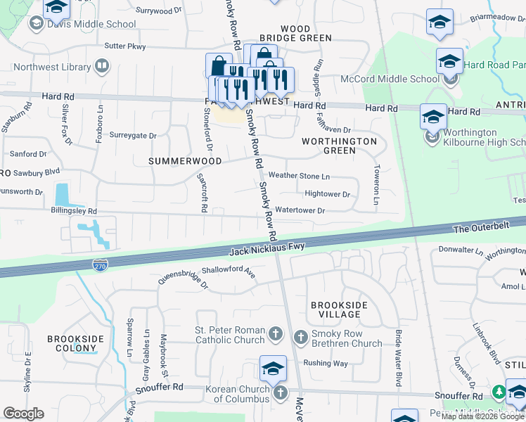 map of restaurants, bars, coffee shops, grocery stores, and more near 7561 Tina Court in Columbus