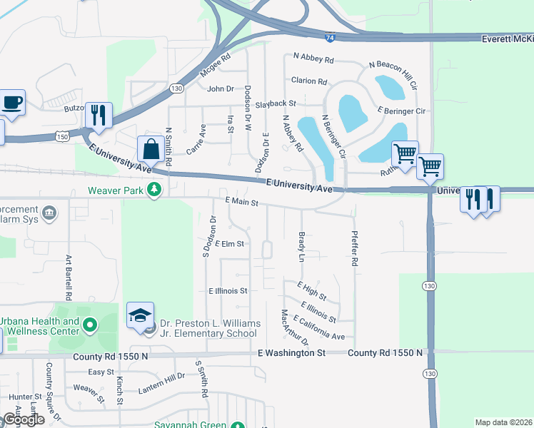 map of restaurants, bars, coffee shops, grocery stores, and more near 2607 East Main Street in Urbana