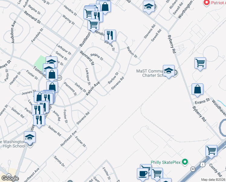map of restaurants, bars, coffee shops, grocery stores, and more near 1024 Larkspur Street in Philadelphia