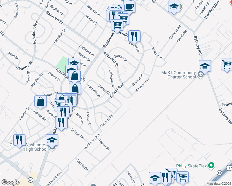 map of restaurants, bars, coffee shops, grocery stores, and more near 1004 Delray Street in Philadelphia