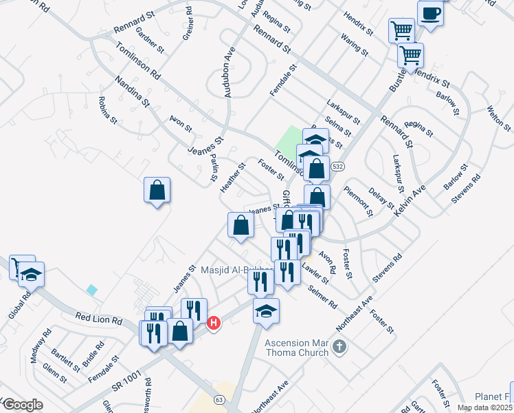 map of restaurants, bars, coffee shops, grocery stores, and more near 10768 Jeanes Street in Philadelphia