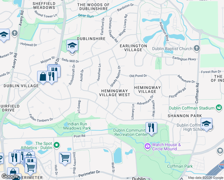 map of restaurants, bars, coffee shops, grocery stores, and more near 5770 O'Connell Court in Dublin