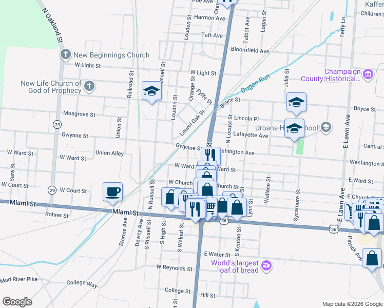 map of restaurants, bars, coffee shops, grocery stores, and more near 202 West Ward Street in Urbana
