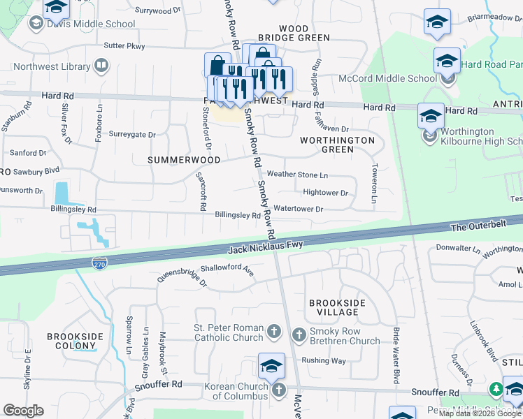 map of restaurants, bars, coffee shops, grocery stores, and more near 7561 Tina Court in Columbus