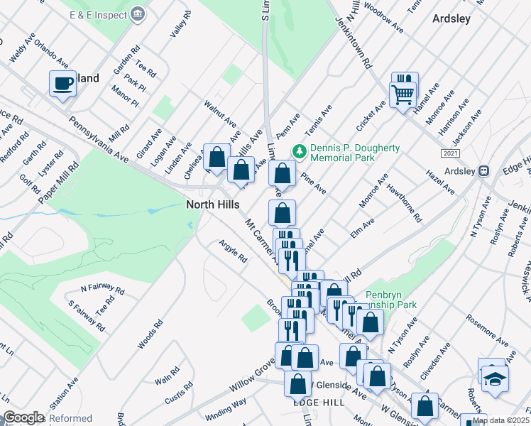 map of restaurants, bars, coffee shops, grocery stores, and more near 122 Cricket Avenue in Glenside