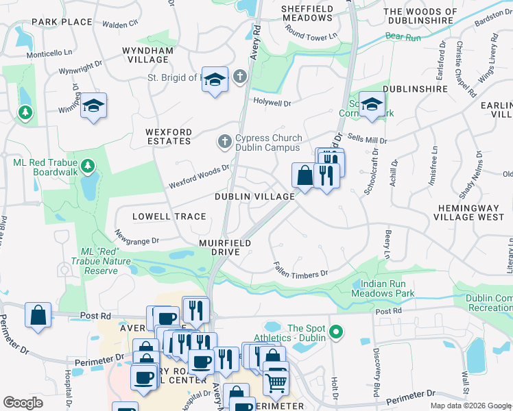 map of restaurants, bars, coffee shops, grocery stores, and more near 6323 Hyland Drive in Dublin
