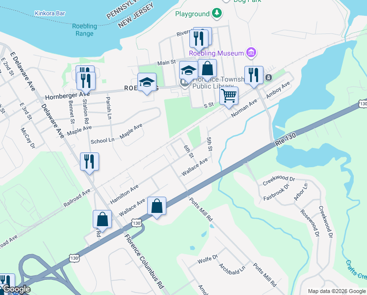 map of restaurants, bars, coffee shops, grocery stores, and more near 555 6th Street in Florence Township
