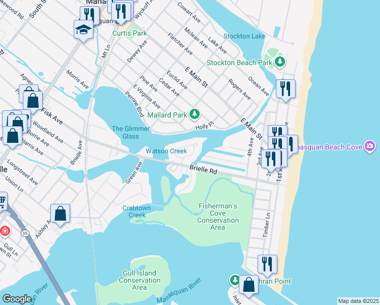 map of restaurants, bars, coffee shops, grocery stores, and more near 127 Glimmer Glass Circle in Manasquan