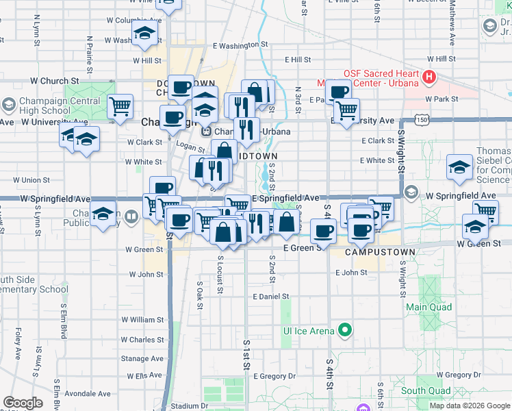 map of restaurants, bars, coffee shops, grocery stores, and more near 107 East Springfield Avenue in Champaign