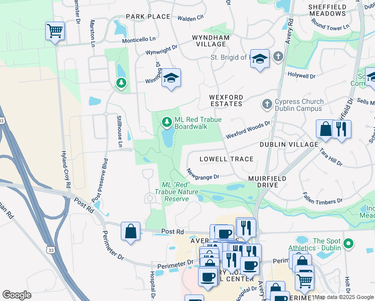 map of restaurants, bars, coffee shops, grocery stores, and more near 6444 Phoenix Park Drive in Dublin