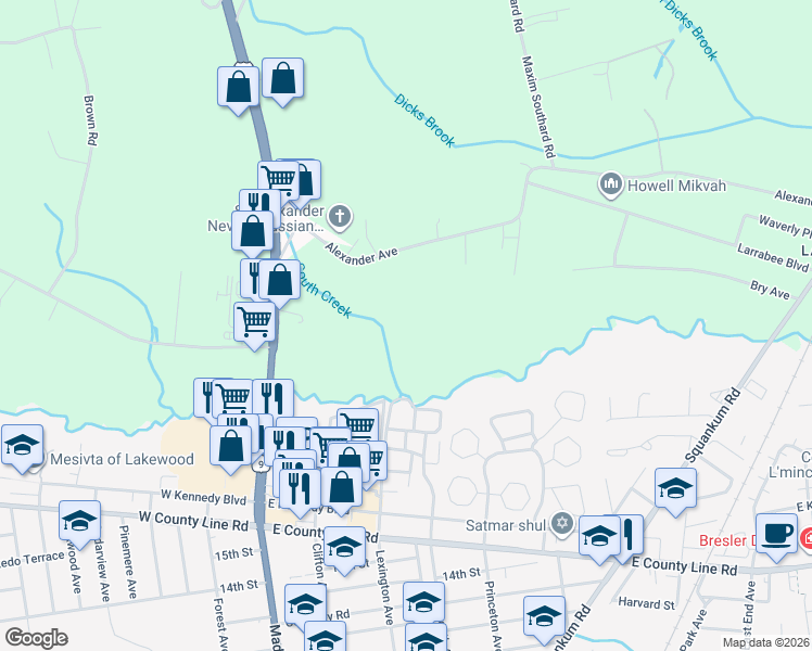 map of restaurants, bars, coffee shops, grocery stores, and more near 246 Alexander Avenue in Howell Township