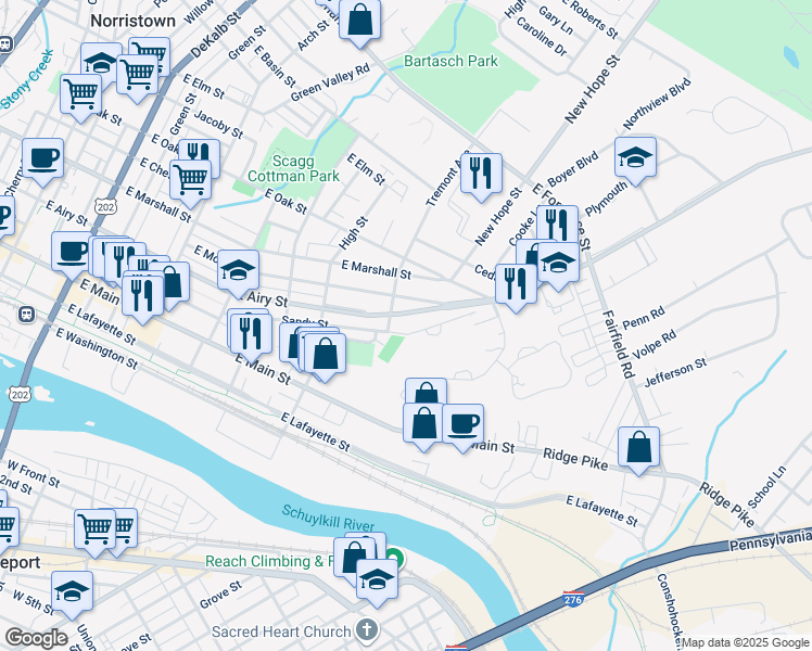 map of restaurants, bars, coffee shops, grocery stores, and more near 733 East Airy Street in Norristown