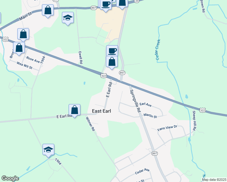 map of restaurants, bars, coffee shops, grocery stores, and more near 1282 East Earl Road in East Earl