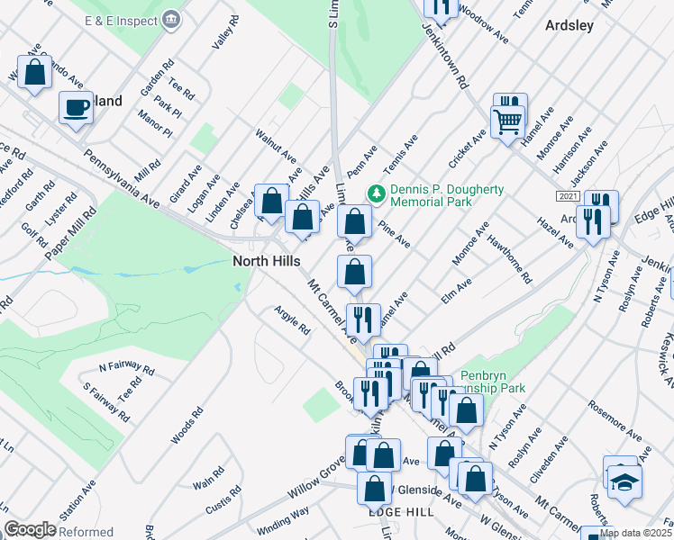 map of restaurants, bars, coffee shops, grocery stores, and more near 126 Cricket Avenue in Glenside