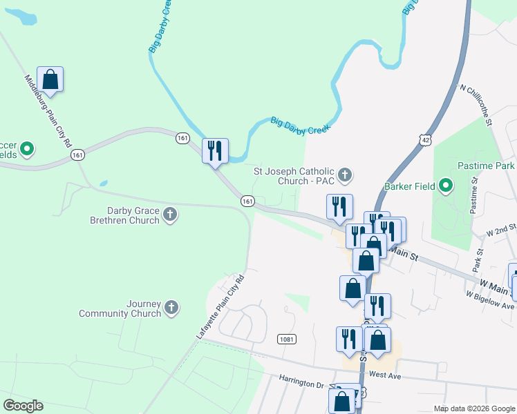 map of restaurants, bars, coffee shops, grocery stores, and more near 8504 Ohio 161 in Plain City