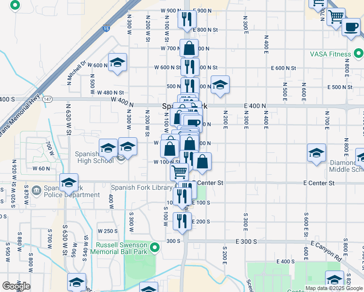 map of restaurants, bars, coffee shops, grocery stores, and more near 253 North Main Street in Spanish Fork