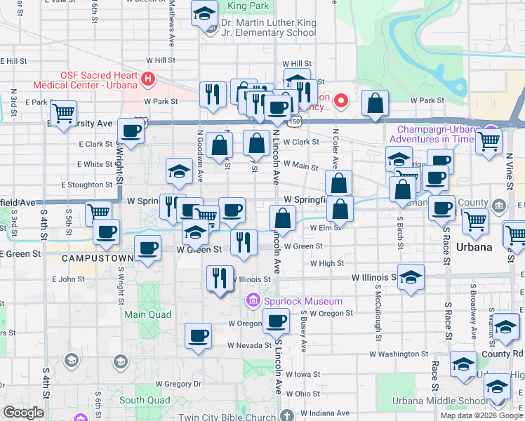 map of restaurants, bars, coffee shops, grocery stores, and more near 102 North Gregory Street in Urbana