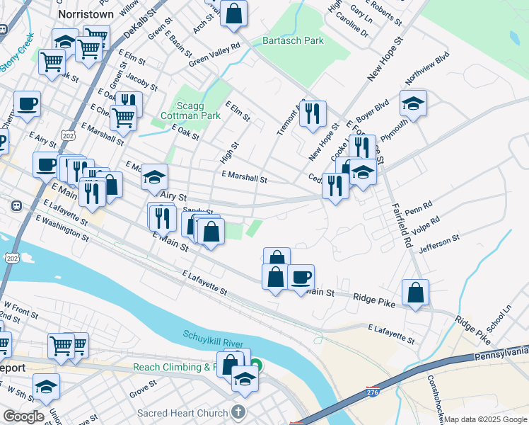 map of restaurants, bars, coffee shops, grocery stores, and more near 733 East Airy Street in Norristown