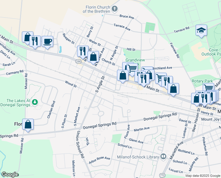 map of restaurants, bars, coffee shops, grocery stores, and more near 602 West Main Street in Mount Joy
