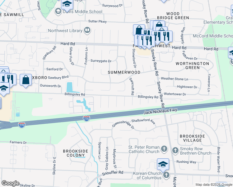 map of restaurants, bars, coffee shops, grocery stores, and more near 7565 Sagewood Court in Columbus