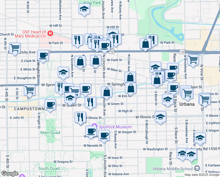 map of restaurants, bars, coffee shops, grocery stores, and more near 802 West Springfield Avenue in Urbana