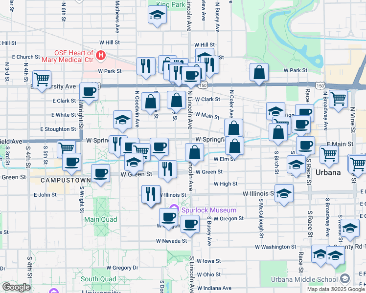 map of restaurants, bars, coffee shops, grocery stores, and more near 902 County Road 1600 North in Urbana