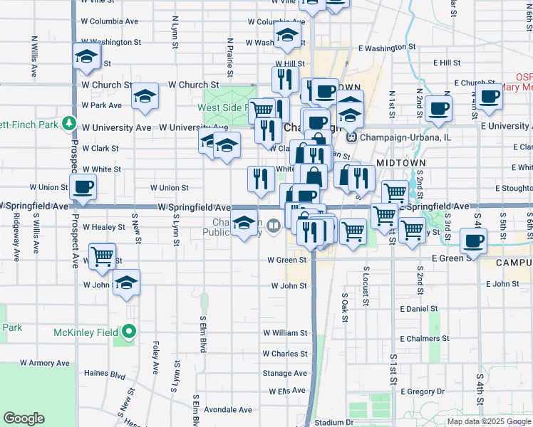 map of restaurants, bars, coffee shops, grocery stores, and more near 316 South State Street in Champaign