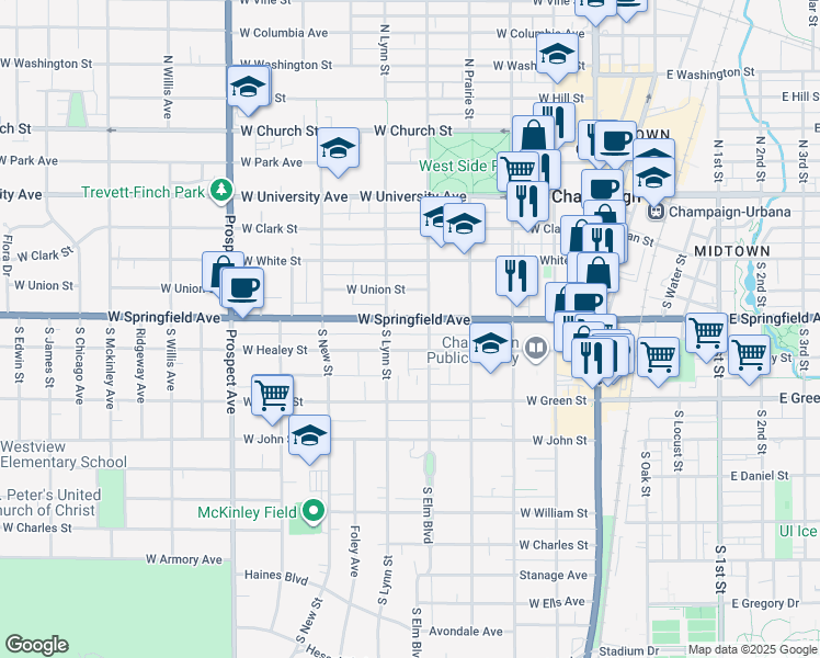 map of restaurants, bars, coffee shops, grocery stores, and more near 508 West Springfield Avenue in Champaign