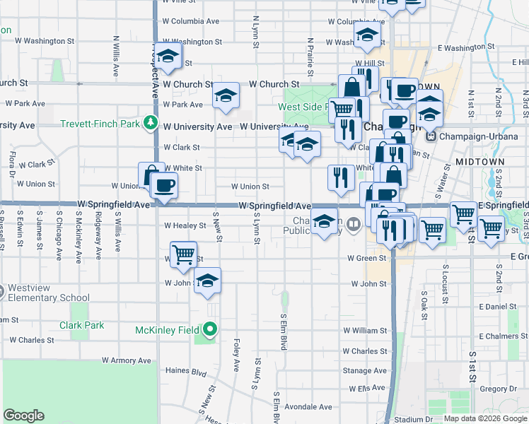 map of restaurants, bars, coffee shops, grocery stores, and more near 508 West Springfield Avenue in Champaign