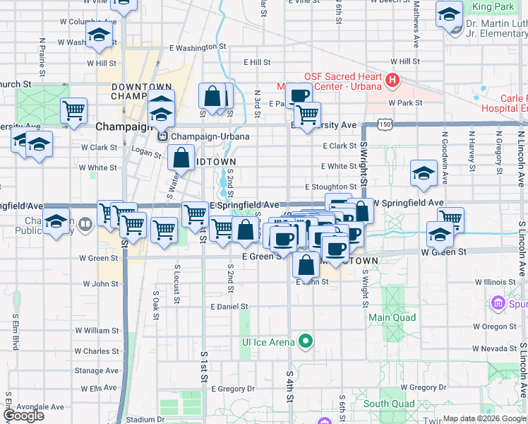 map of restaurants, bars, coffee shops, grocery stores, and more near 310 East Springfield Avenue in Champaign