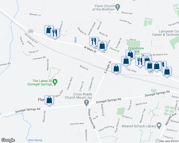 map of restaurants, bars, coffee shops, grocery stores, and more near 832 Wood Street in Mount Joy