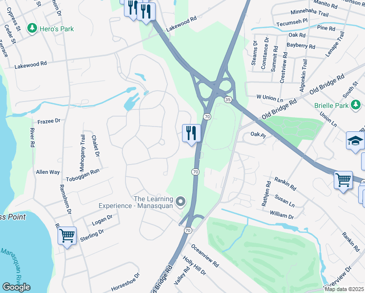 map of restaurants, bars, coffee shops, grocery stores, and more near 2578 Collier Road in Manasquan