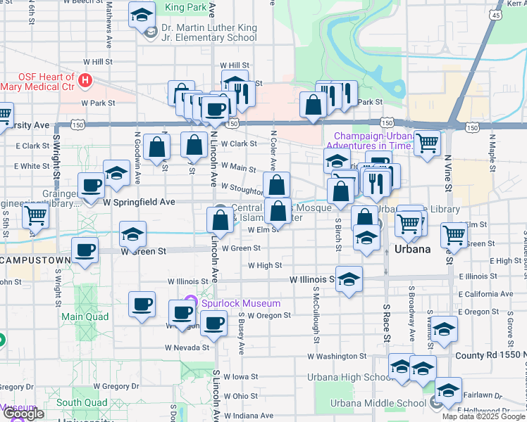 map of restaurants, bars, coffee shops, grocery stores, and more near 702 West Western Avenue in Urbana