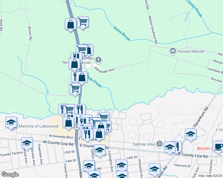 map of restaurants, bars, coffee shops, grocery stores, and more near 246 Alexander Avenue in Howell Township