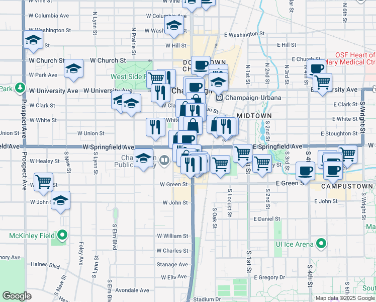 map of restaurants, bars, coffee shops, grocery stores, and more near in Champaign