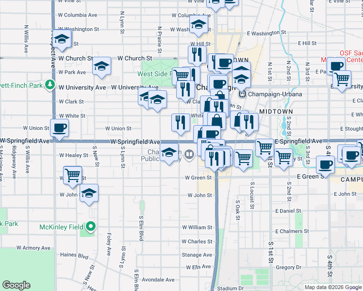 map of restaurants, bars, coffee shops, grocery stores, and more near 211 West Springfield Avenue in Champaign