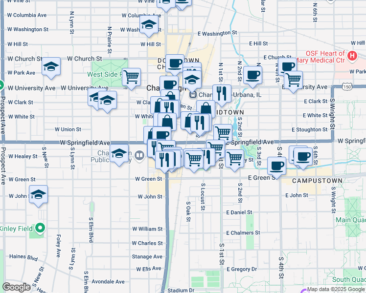 map of restaurants, bars, coffee shops, grocery stores, and more near 404 South Chestnut Street in Champaign