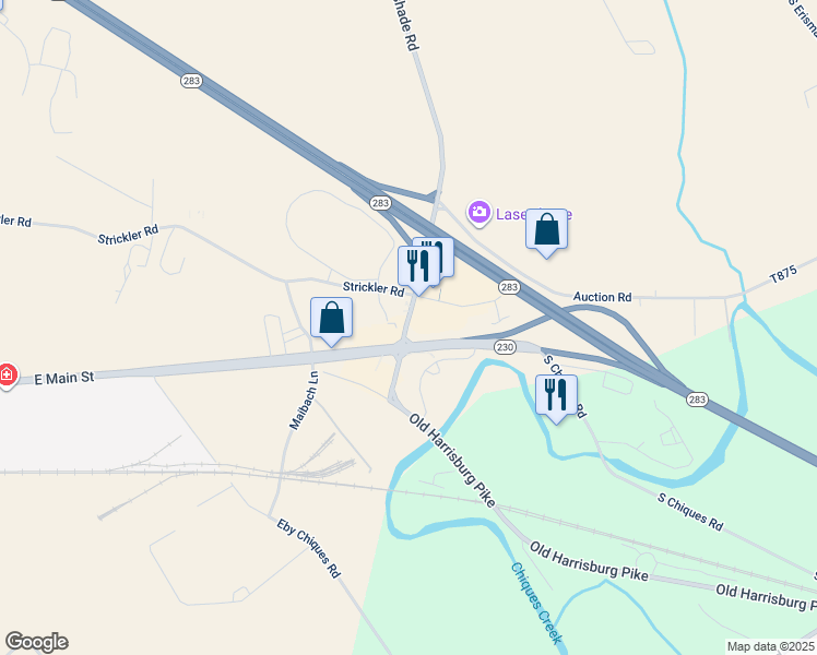 map of restaurants, bars, coffee shops, grocery stores, and more near 2200 Huber Drive in Manheim